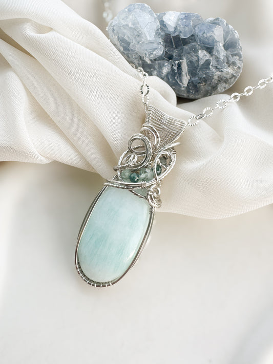 Aqua Calcite, Aquamarine, Aqua Kyanite, Blue Tourmaline Necklace in 0.925 Sterling Silver