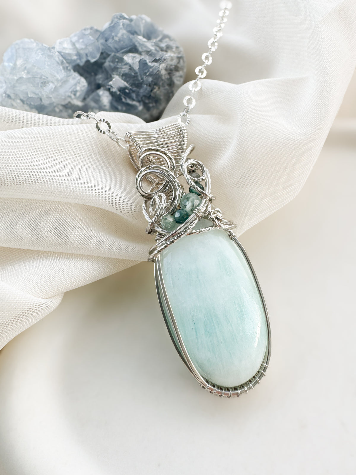 Aqua Calcite, Aquamarine, Aqua Kyanite, Blue Tourmaline Necklace in 0.925 Sterling Silver