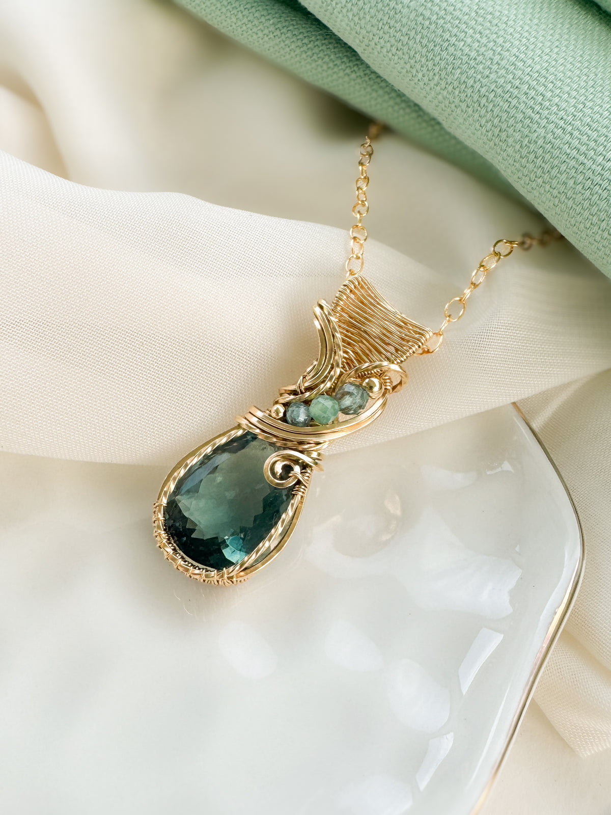 Faceted Teal Fluorite, Aqua Apatite, Chrysoprase & Aqua Kyanite Necklace in 14k Gold Filled