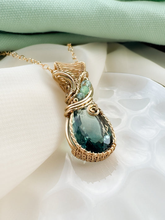 Faceted Teal Fluorite, Aqua Apatite, Chrysoprase & Aqua Kyanite Necklace in 14k Gold Filled