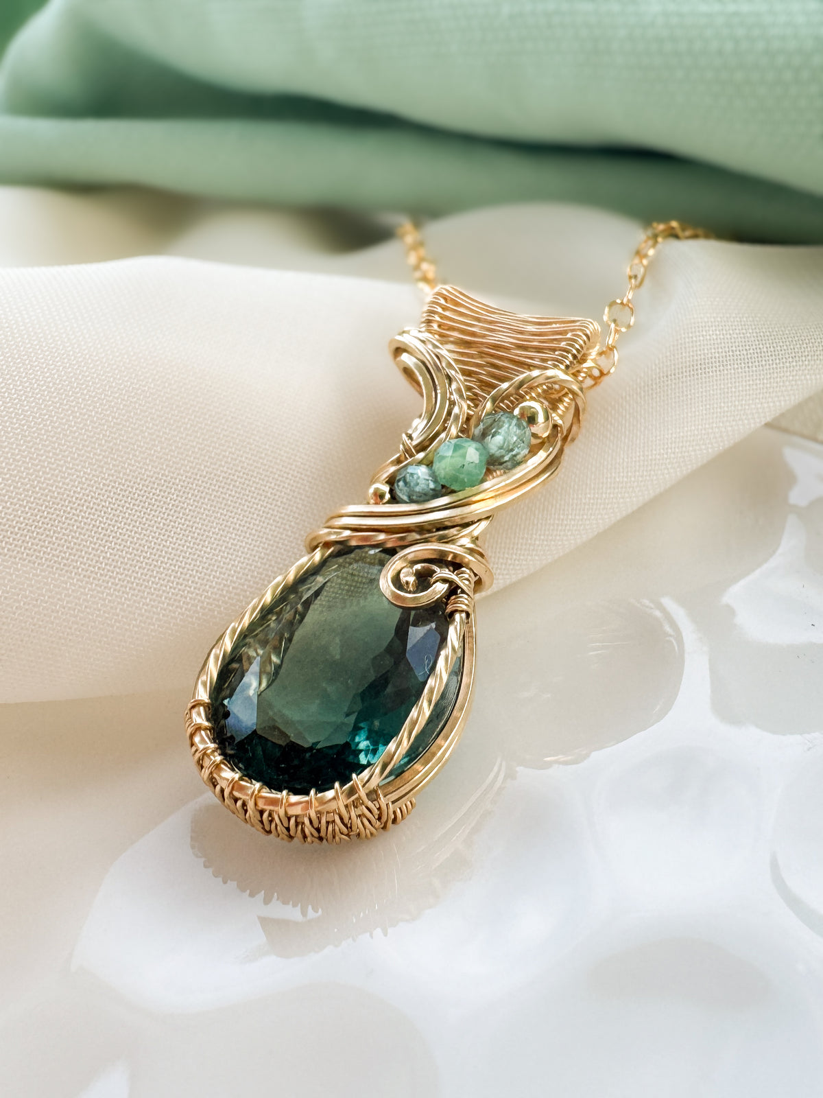 Faceted Teal Fluorite, Aqua Apatite, Chrysoprase & Aqua Kyanite Necklace in 14k Gold Filled