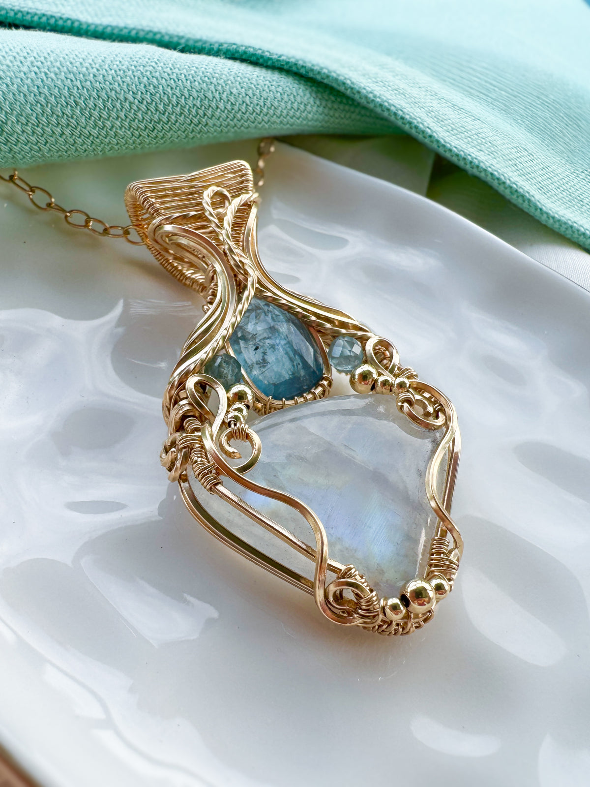 Rainbow Moonstone, Blue Kyanite & Aqua Apatite Necklace in 14k Gold Filled