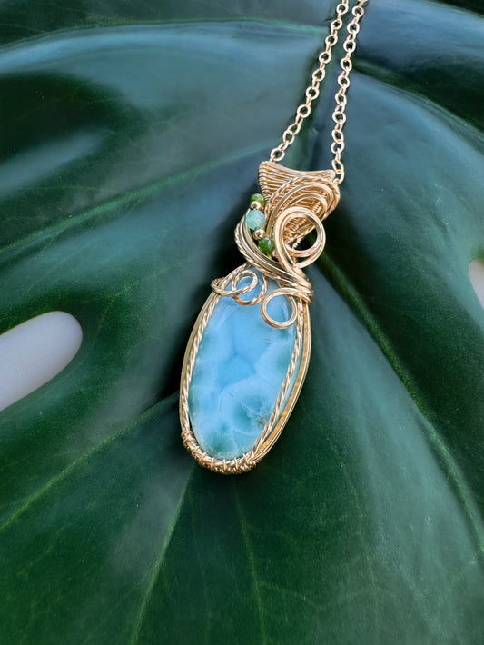 Larimar, Chrome Diopside & Chrysoprase Necklace in 14k Gold Filled
