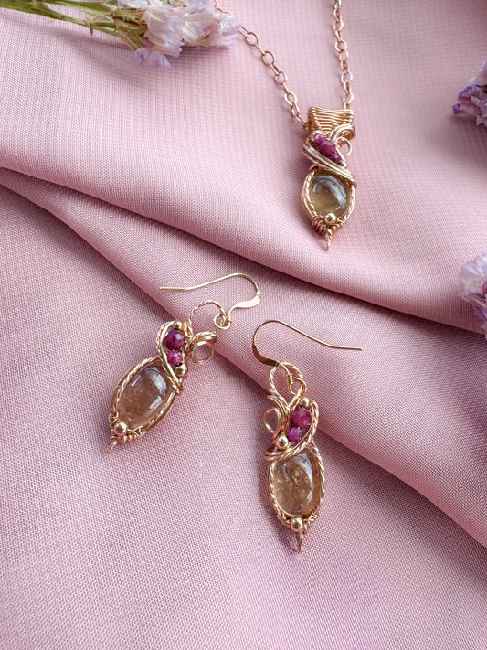Tourmaline, Ruby & Rubellite Set ( Necklace + Earrings) in 14k Rose Gold Filled