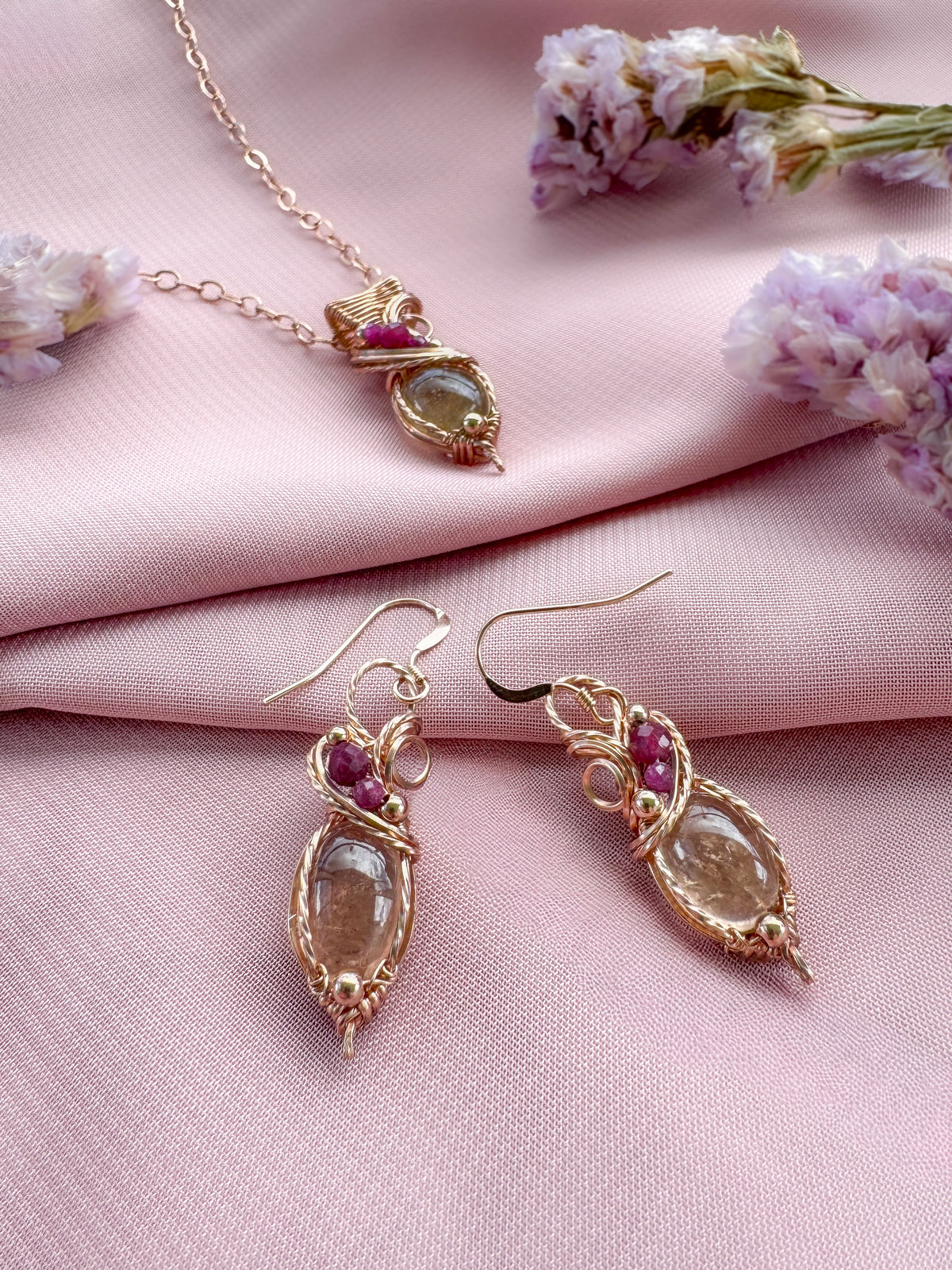 Tourmaline, Ruby & Rubellite Set ( Necklace + Earrings) in 14k Rose Gold Filled
