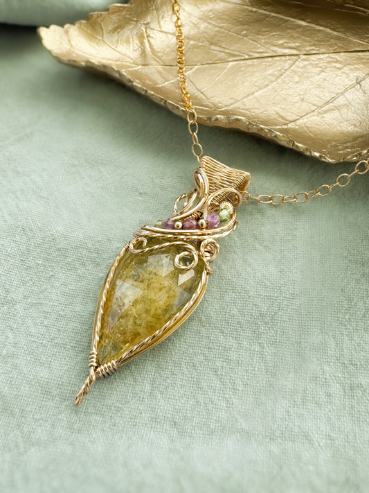 Heliodor, Peridot, Purple Mica, Pink Tourmaline Necklace in 14k Gold Filled Wire