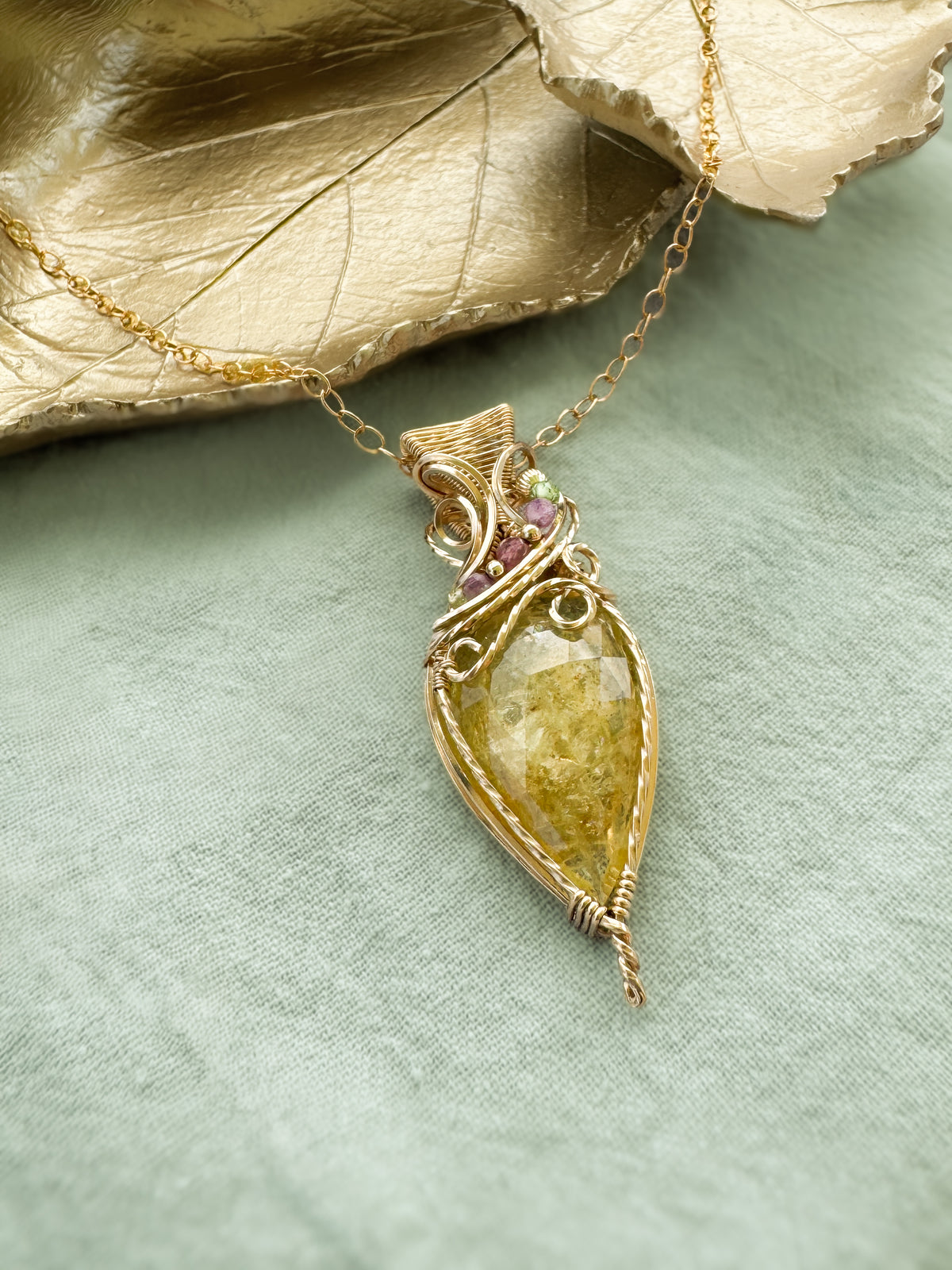 Heliodor, Peridot, Purple Mica, Pink Tourmaline Necklace in 14k Gold Filled Wire