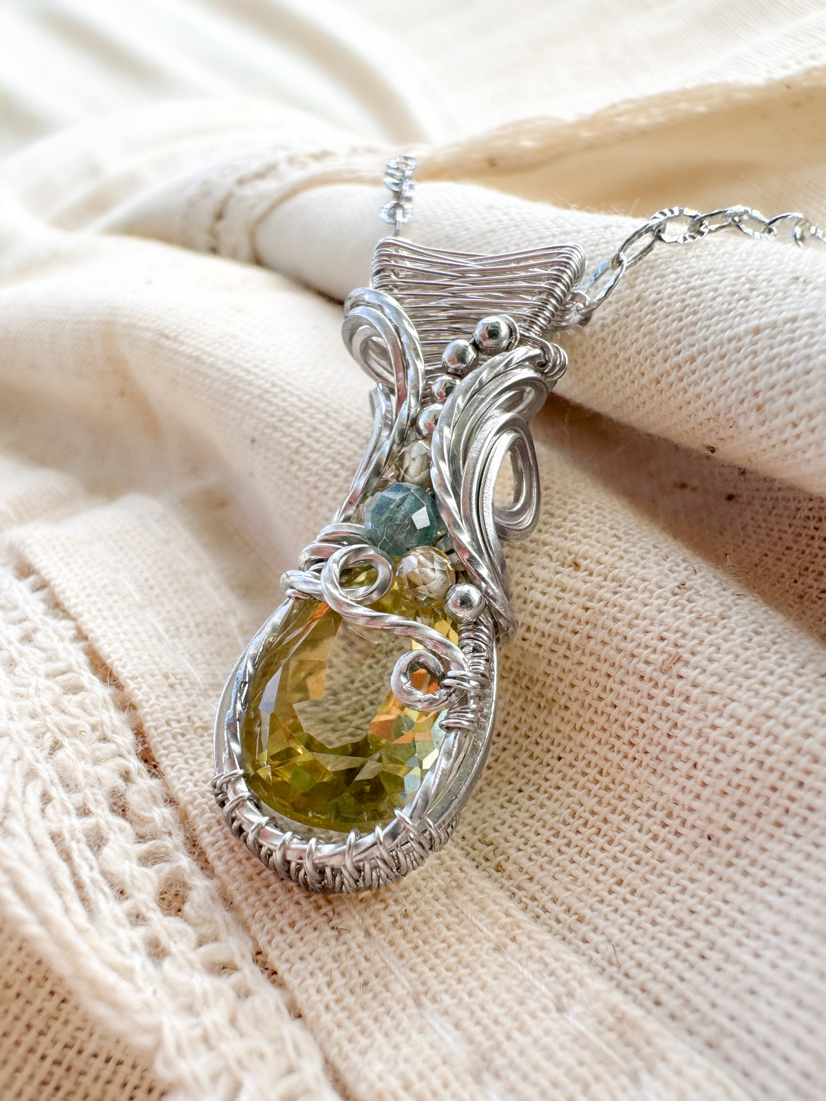 Lemon Quartz, Aqua Apatite & Natural Zircon Necklace in 0.925 Sterling Silver