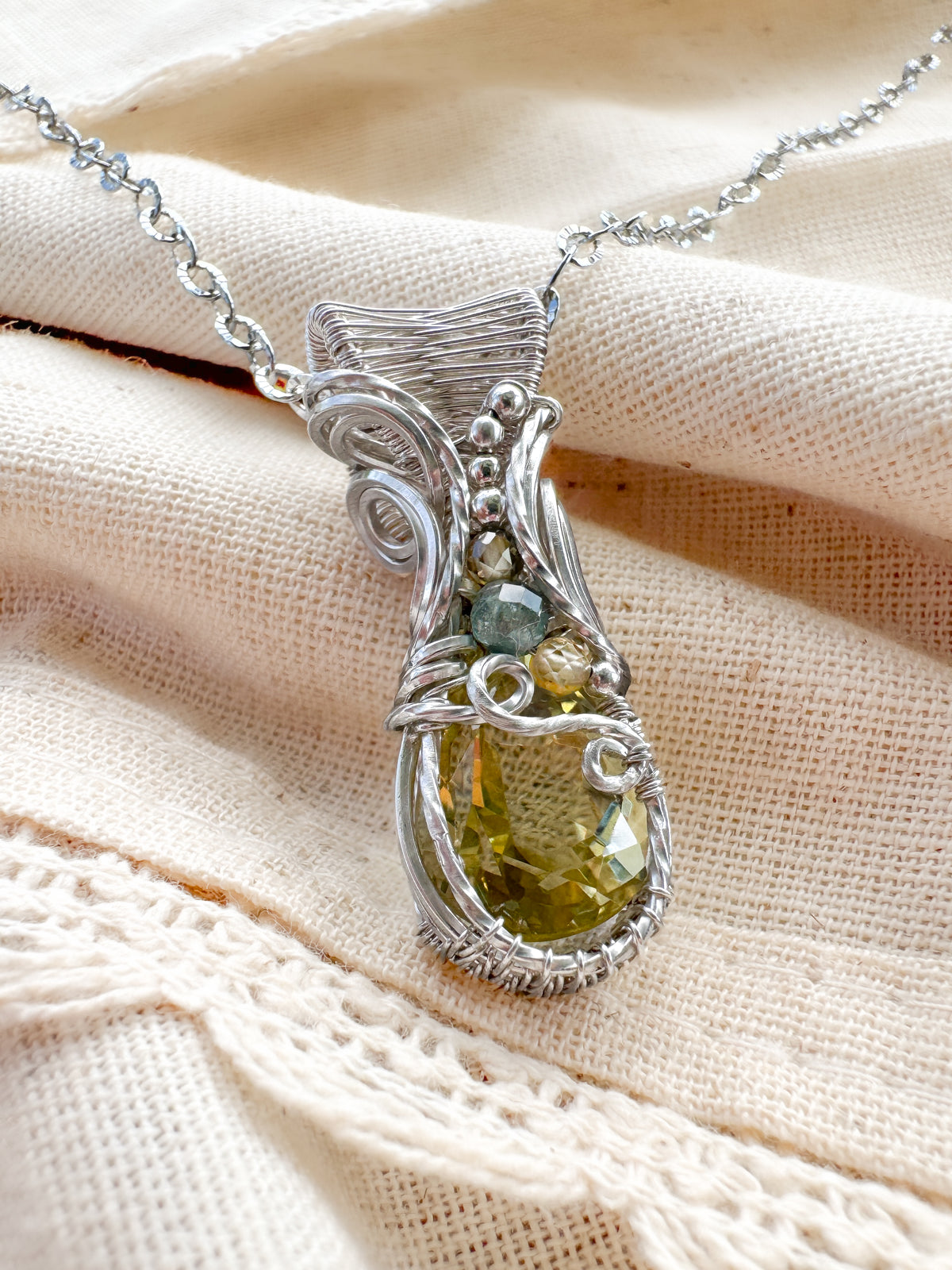 Lemon Quartz, Aqua Apatite & Natural Zircon Necklace in 0.925 Sterling Silver