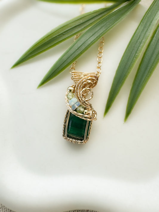 Deep Green Emerald (from Sakota Mines), Peridot & Ethiopian Opal Necklace in 14k Gold Filled