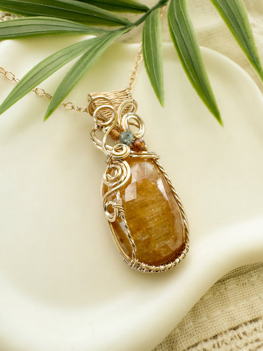 Natural, Untreated Yellow Sapphire, Hessonite Garnet & Aqua Apatite Necklace in 14k Gold Filled