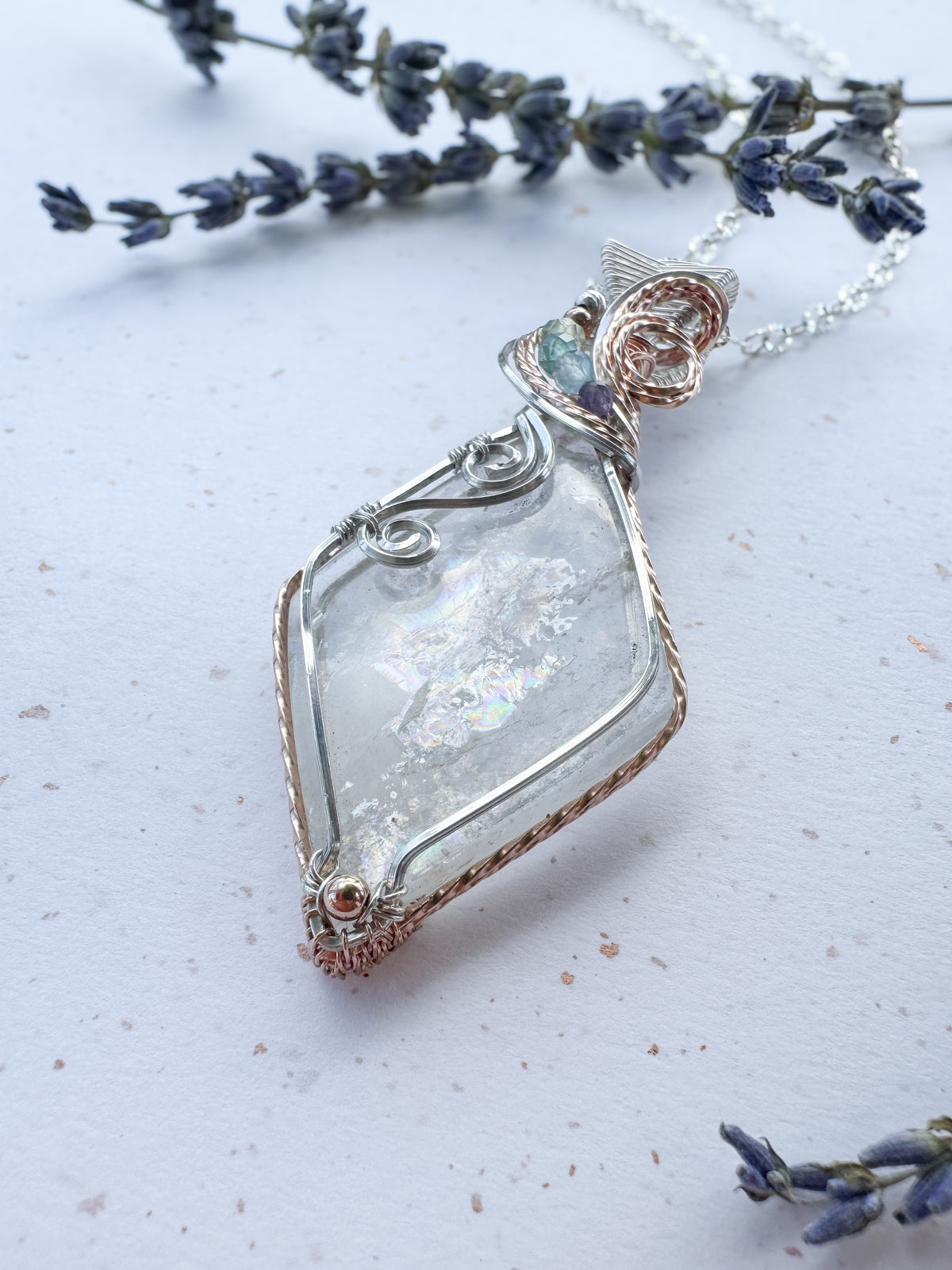 Rare Rainbow Topaz Kite, Beryl, Aqua Apatite, Aquamarine & Amethyst Mixed Metal Necklace ( 14k Rose Gold Filled & Argentium Silver)