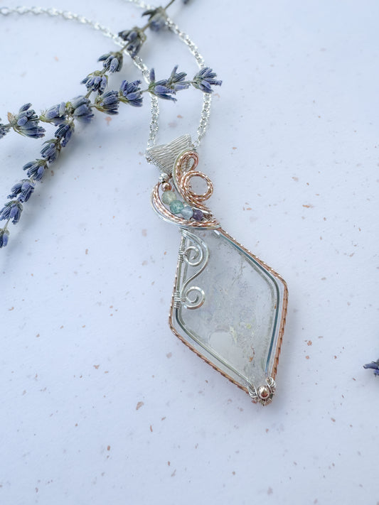 Rare Rainbow Topaz Kite, Beryl, Aqua Apatite, Aquamarine & Amethyst Mixed Metal Necklace ( 14k Rose Gold Filled & Argentium Silver)