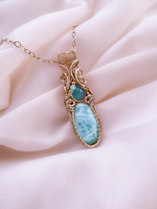 Larimar, Blue Chalcedony & Amazonite Necklace in 14k Rose Gold Filled