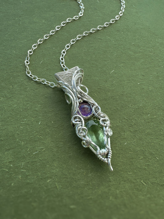 Green Beryl, Amethyst Necklace in Argentium Silver