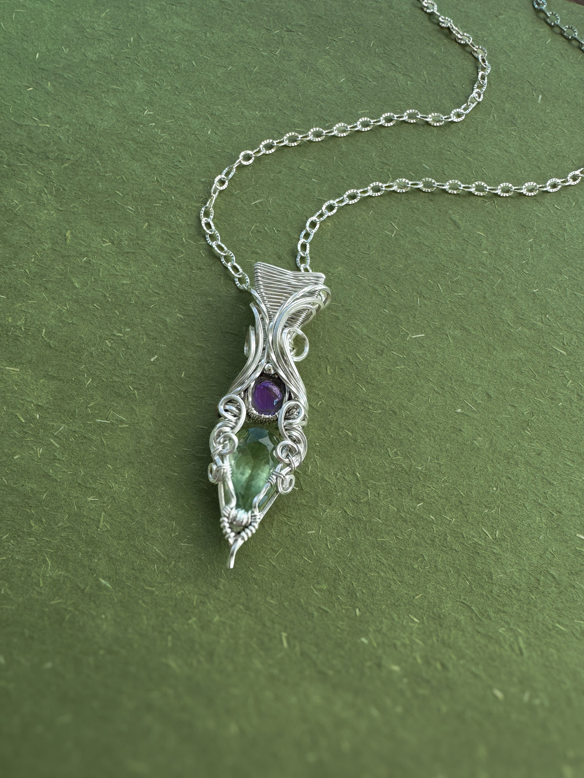 Green Beryl, Amethyst Necklace in Argentium Silver