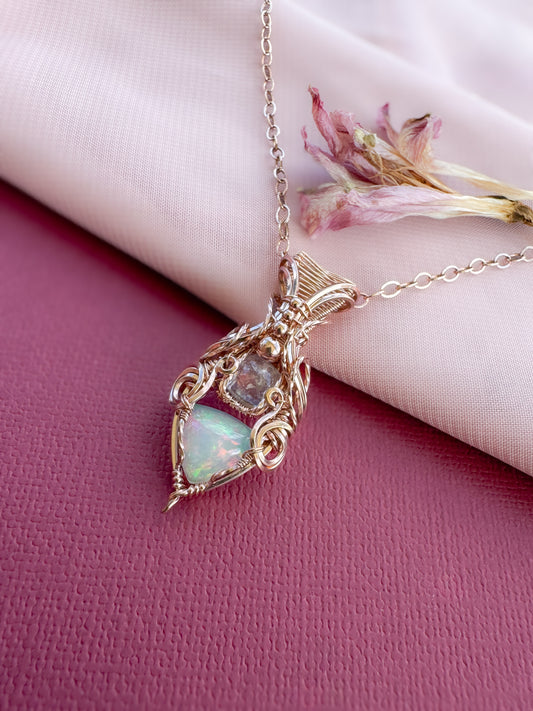 Ethiopian Opal, Madagascar Moonstone Necklace in 14k Rose Gold Filled