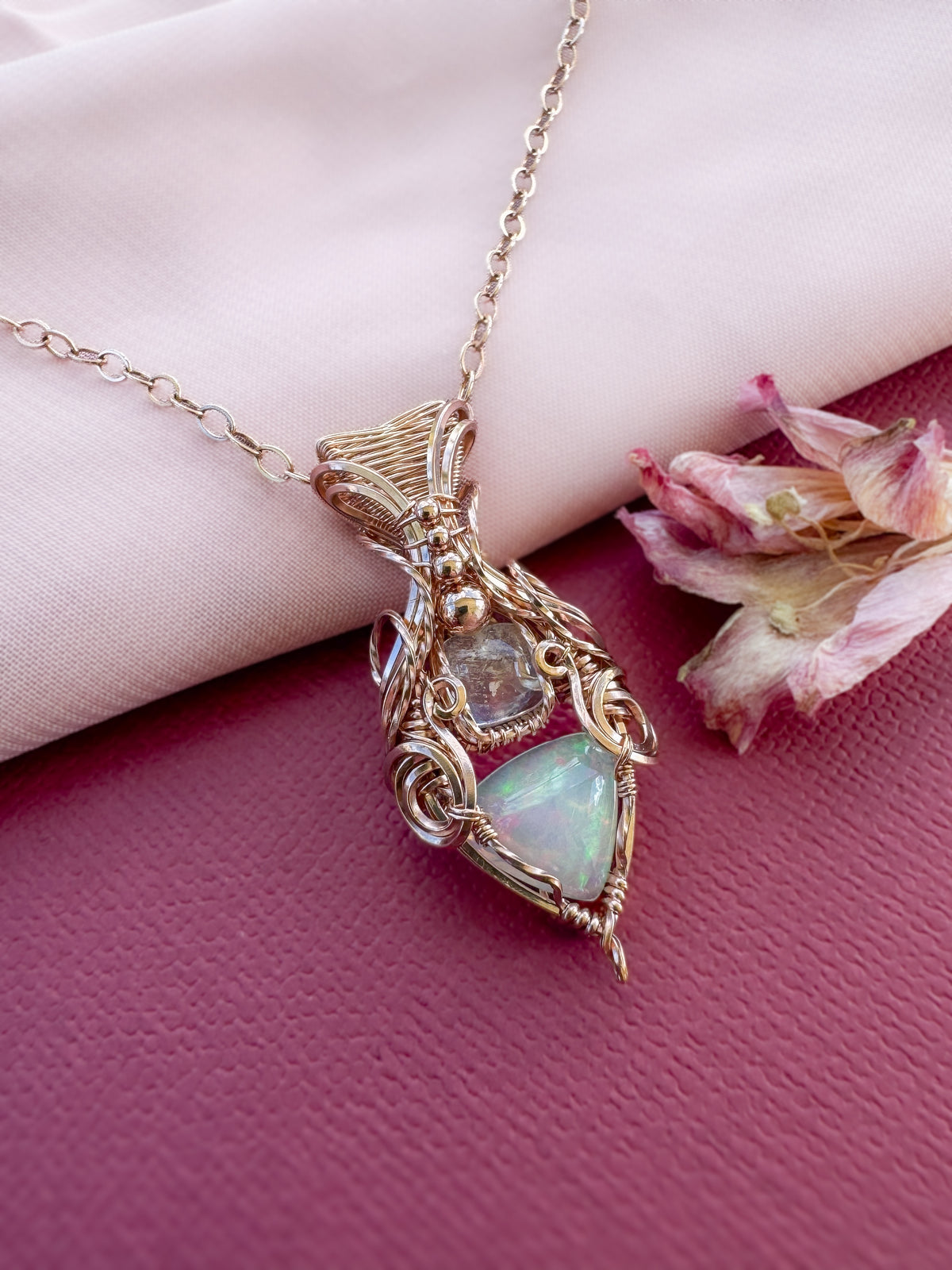 Ethiopian Opal, Madagascar Moonstone Necklace in 14k Rose Gold Filled