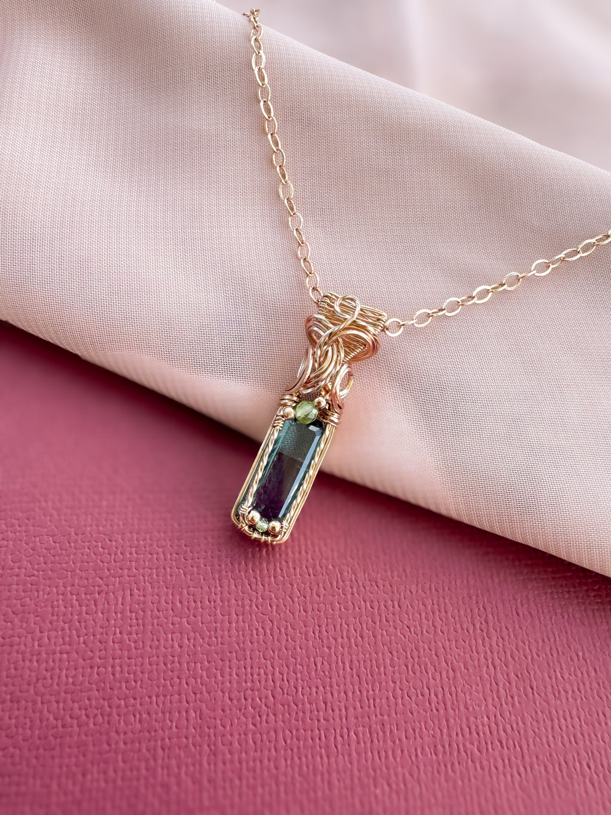 Teal Fluorite, Peridot Necklace in 14k Rose Gold Filled