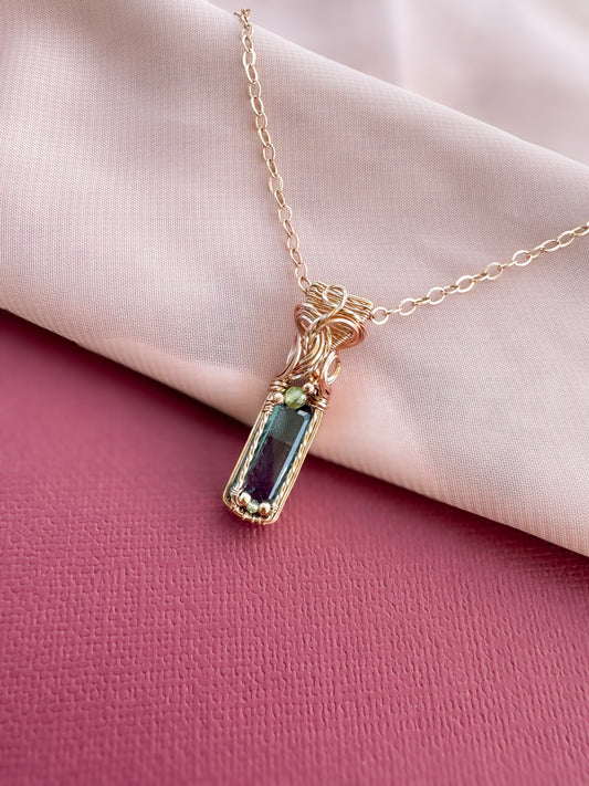 Teal Fluorite, Peridot Necklace in 14k Rose Gold Filled