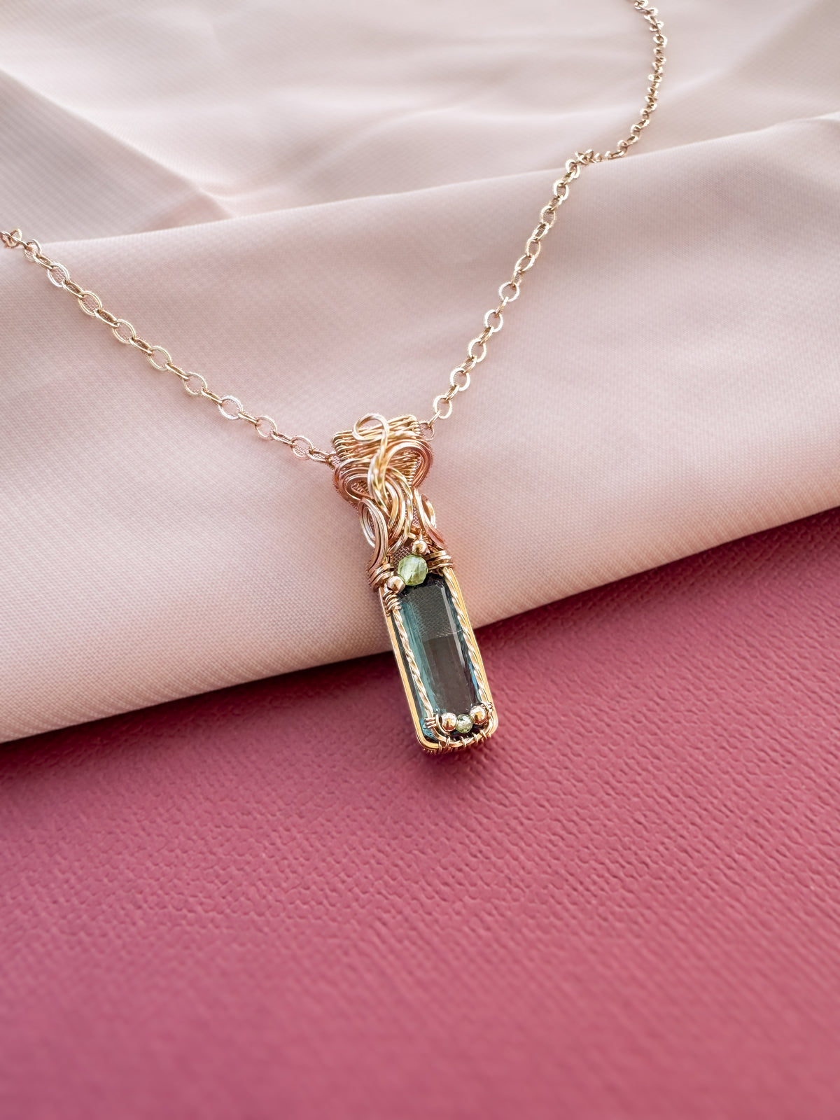 Teal Fluorite, Peridot Necklace in 14k Rose Gold Filled