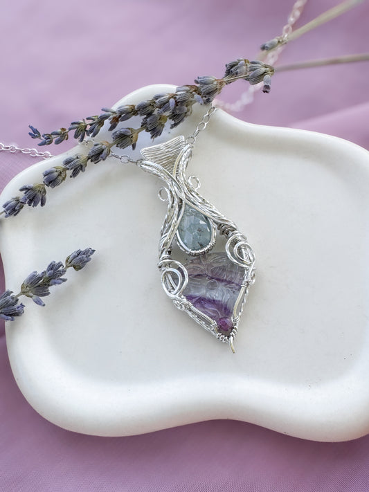 Fluorite & Pearl (doublet), Blue Kyanite & Ruby Necklace in 0.925 Sterling Silver