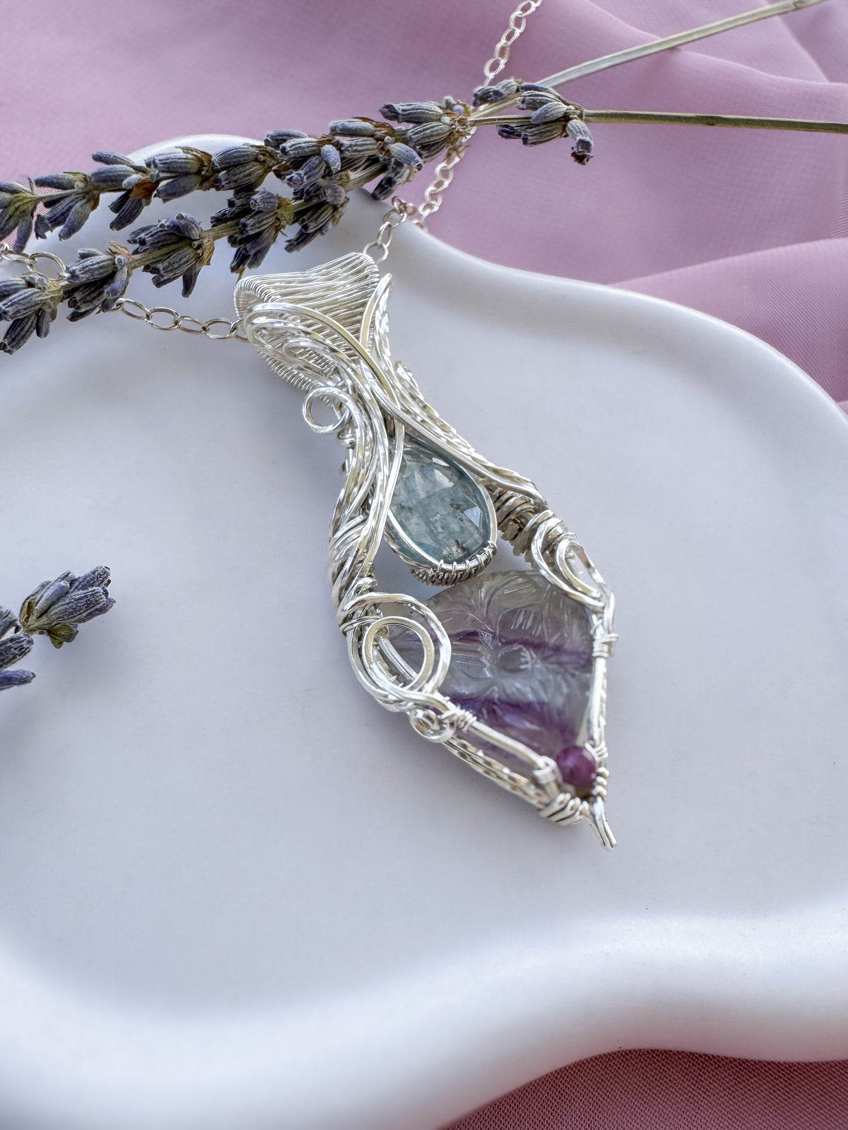 Fluorite & Pearl (doublet), Blue Kyanite & Ruby Necklace in 0.925 Sterling Silver