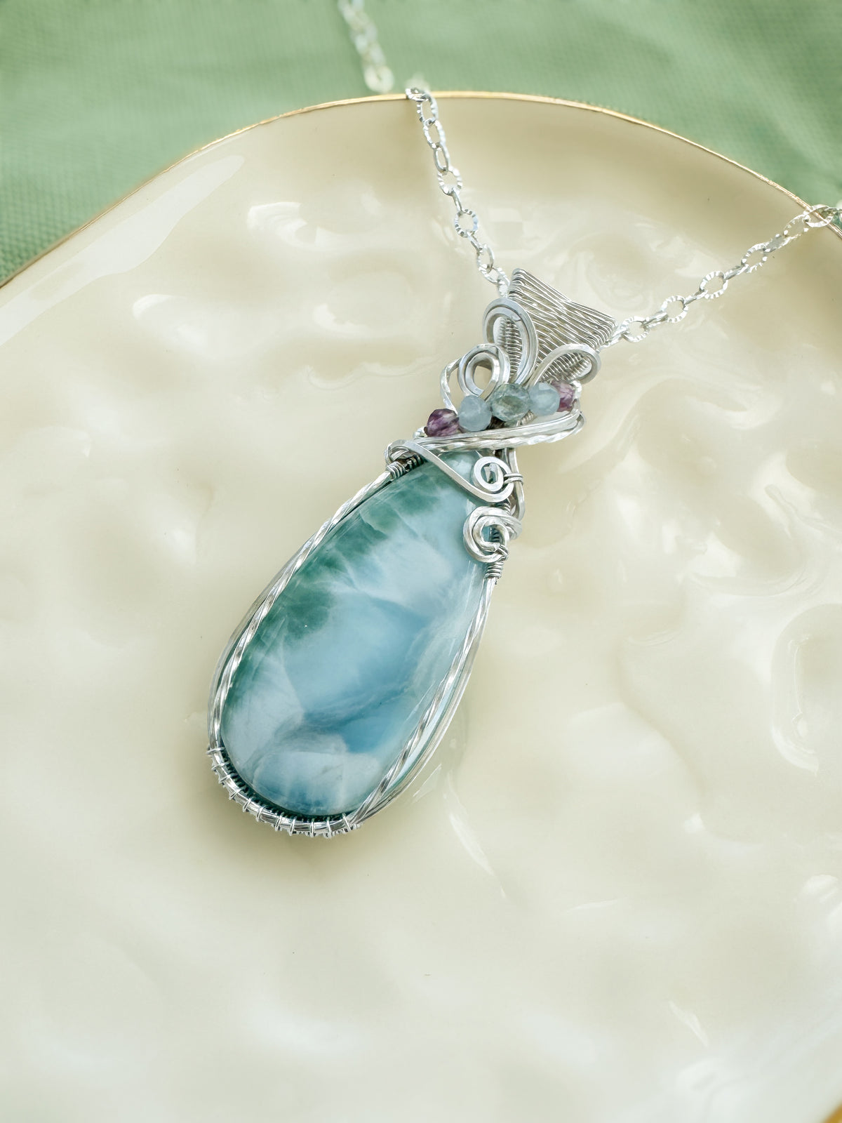 Larimar, Aqua Kyanite, Aquamarine, Fluorite Necklace in Argentium Silver