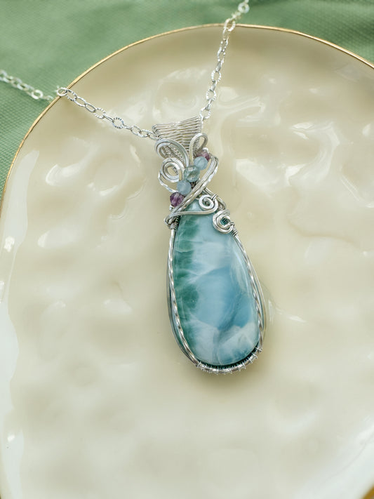 Larimar, Aqua Kyanite, Aquamarine, Fluorite Necklace in Argentium Silver