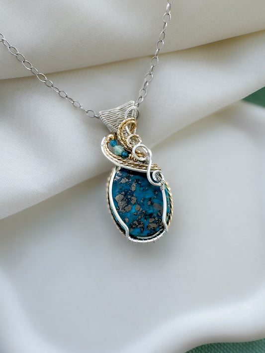 Irani Turquoise (with Pyrite), Blue Apatite & Chrysoprase Mixed Metal Necklace (Argentium Silver & 14k Gold Filled)