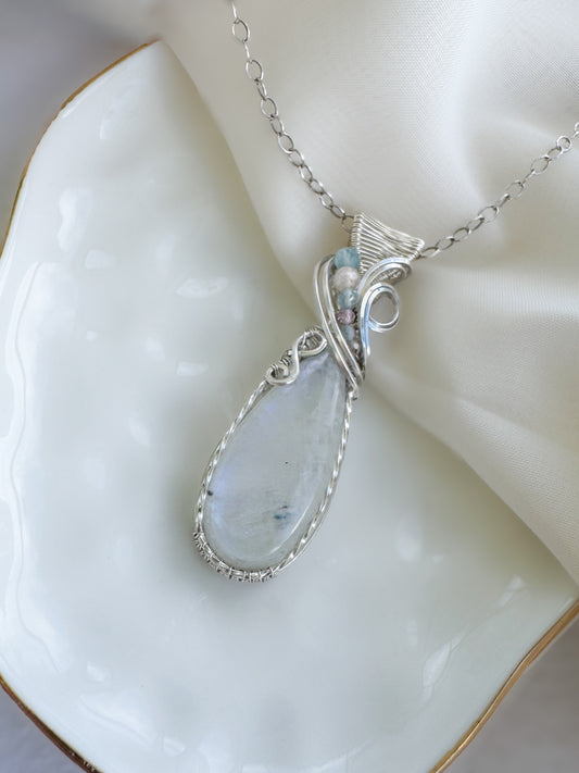 Moonstone, Morganite, Aquamarine, Pink Tourmaline Necklace in Argentium Silver
