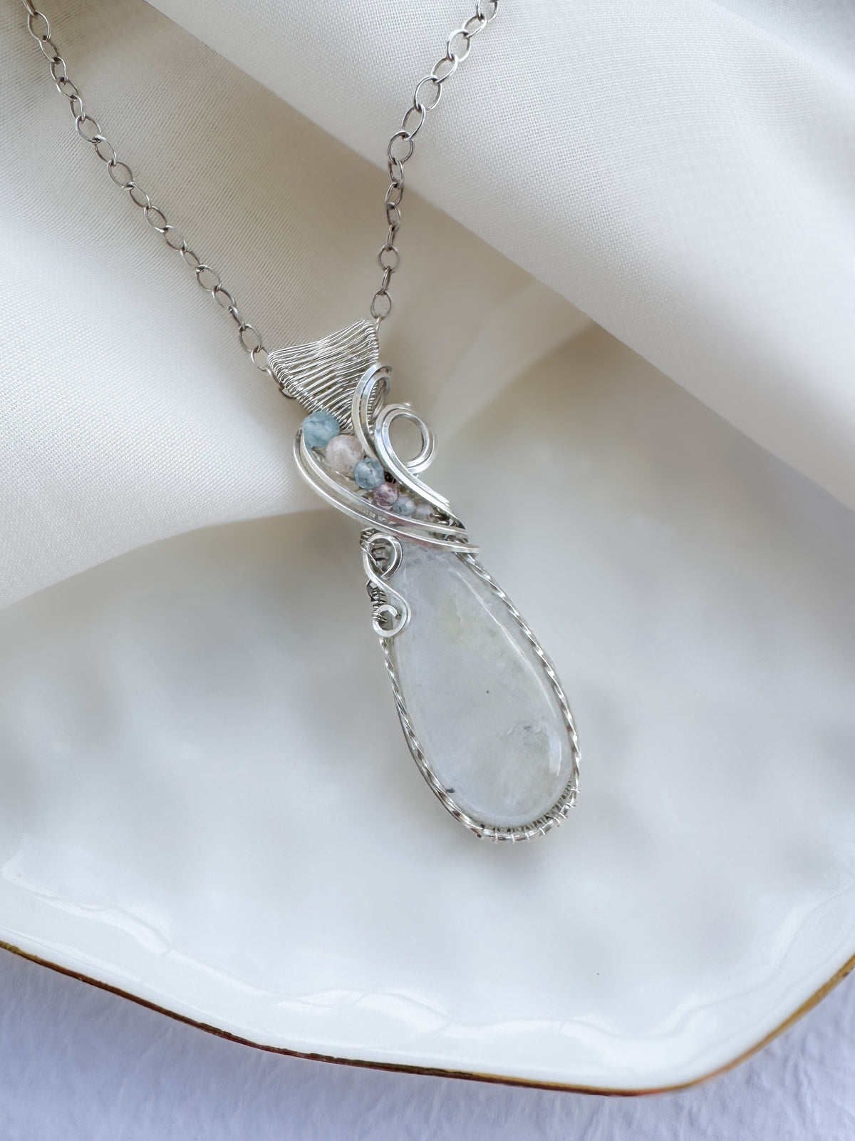 Moonstone, Morganite, Aquamarine, Pink Tourmaline Necklace in Argentium Silver