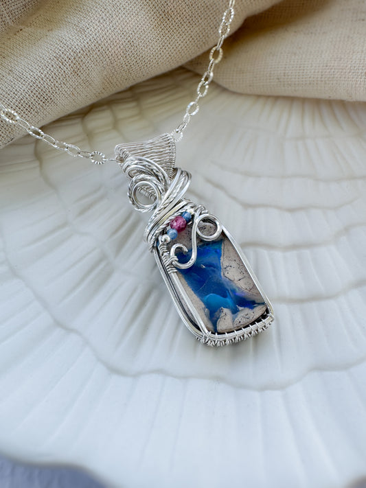 Australian Opal (Doublet), Blue Kyanite & Pink Tourmaline Necklace in Argentium Silver