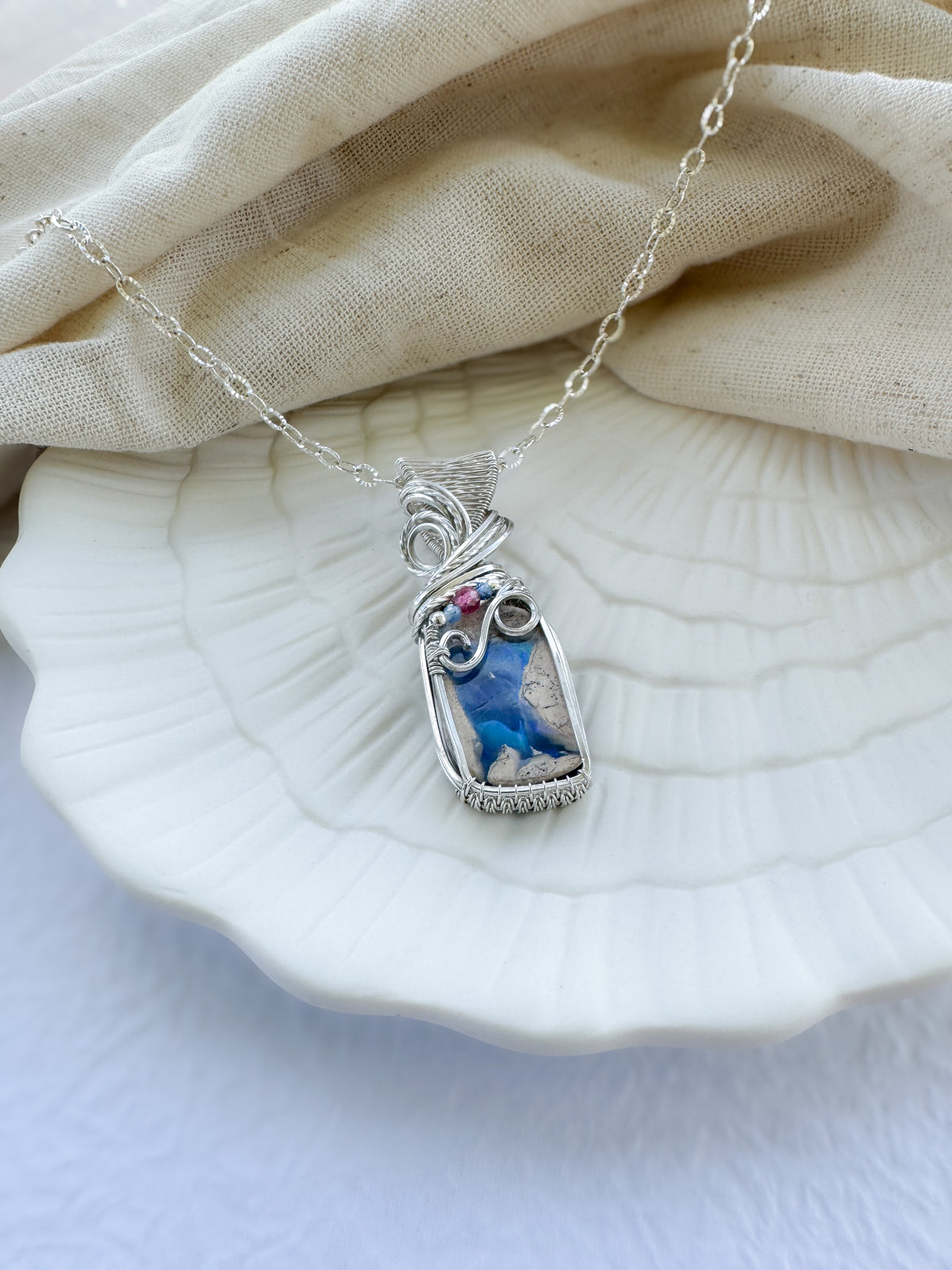 Australian Opal (Doublet), Blue Kyanite & Pink Tourmaline Necklace in Argentium Silver