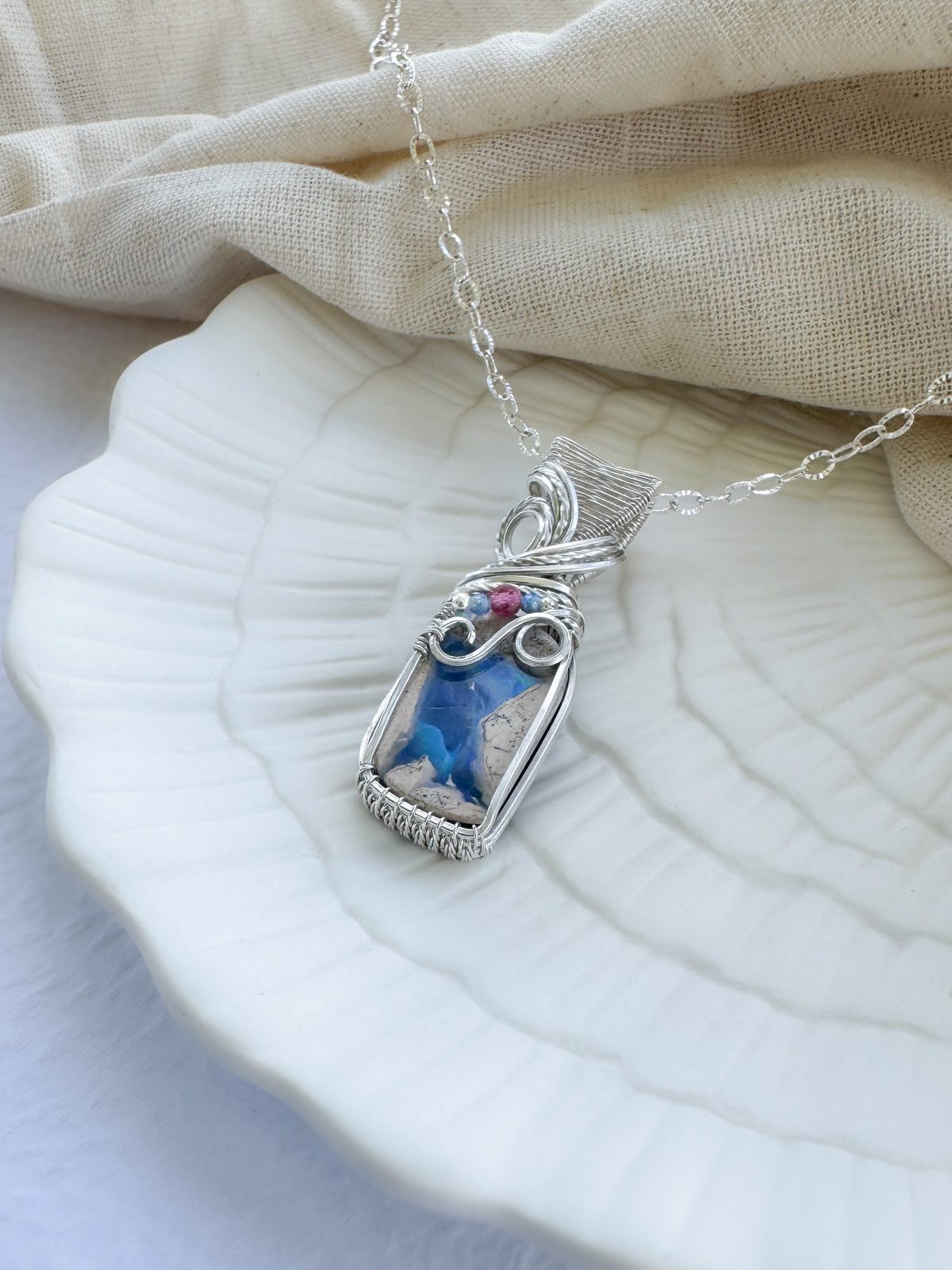 Australian Opal (Doublet), Blue Kyanite & Pink Tourmaline Necklace in Argentium Silver
