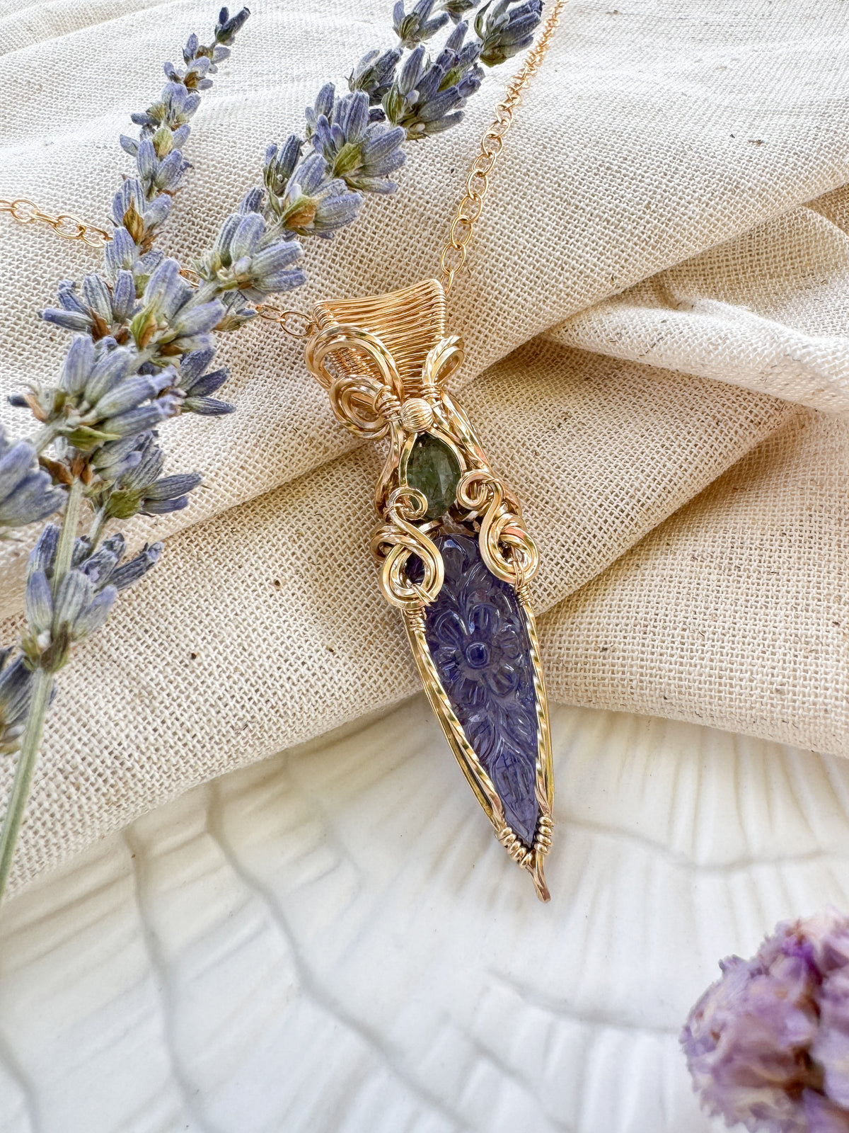 Carved Tanzanite, Green Kyanite Necklace in 14k Gold Filled