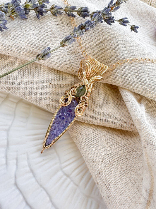 Carved Tanzanite, Green Kyanite Necklace in 14k Gold Filled