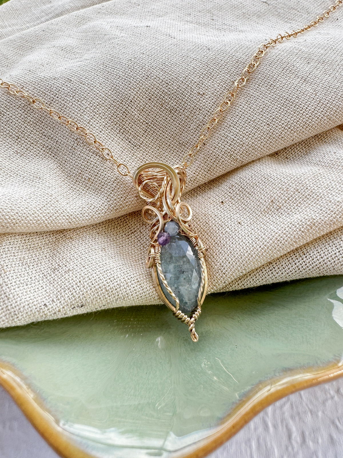 Aqua Kyanite, Natural Spinel & Amethyst Necklace in 14k Gold Filled