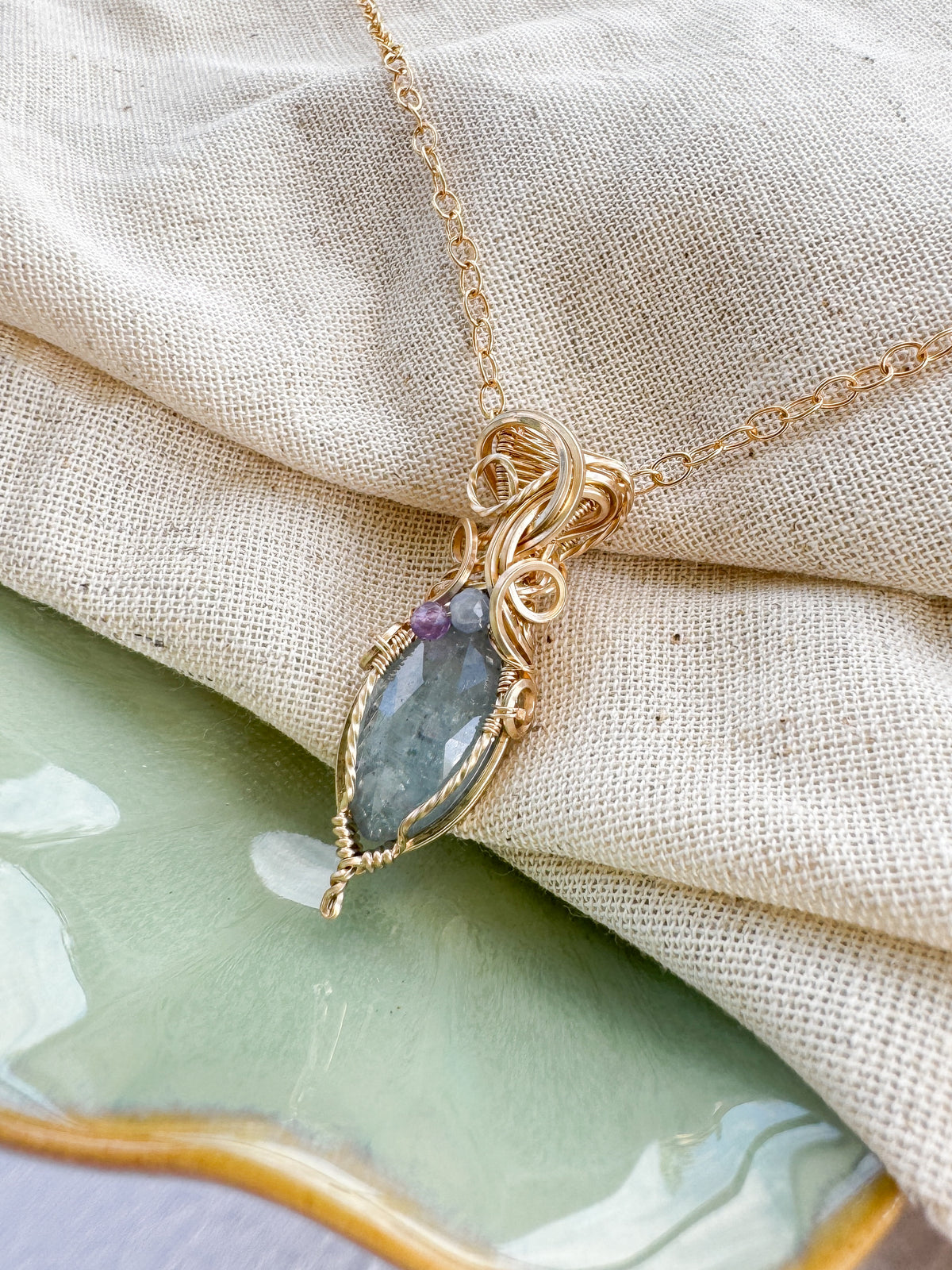 Aqua Kyanite, Natural Spinel & Amethyst Necklace in 14k Gold Filled