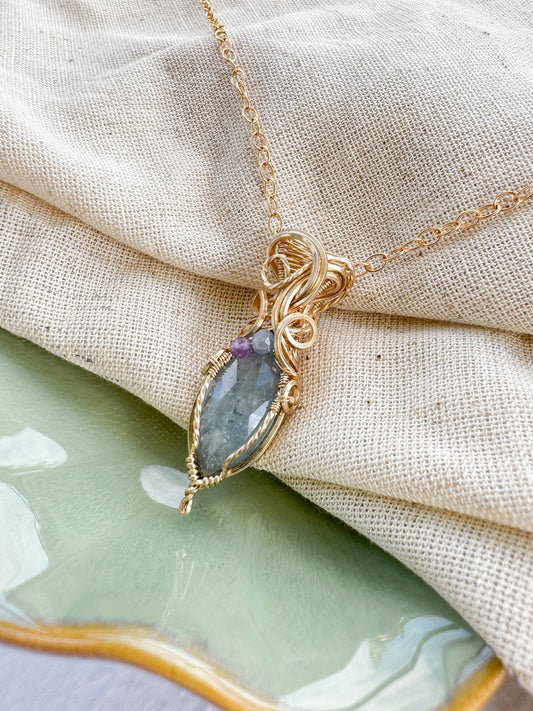 Aqua Kyanite, Natural Spinel & Amethyst Necklace in 14k Gold Filled