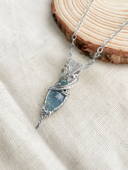 Aqua Kyanite, Labradorite & Green Kyanite Necklace in 0.925 Sterling Silver