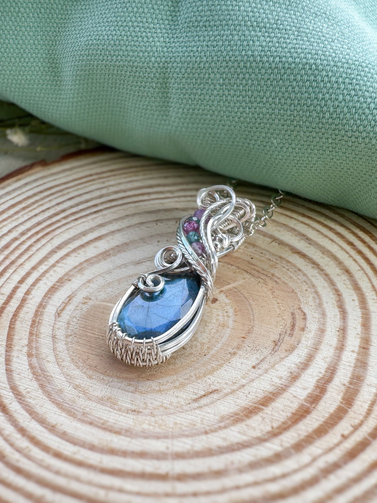 Faceted Labradorite, Purple Mica, Blue/green Tourmaline Necklace in 0.925 Sterling Silver