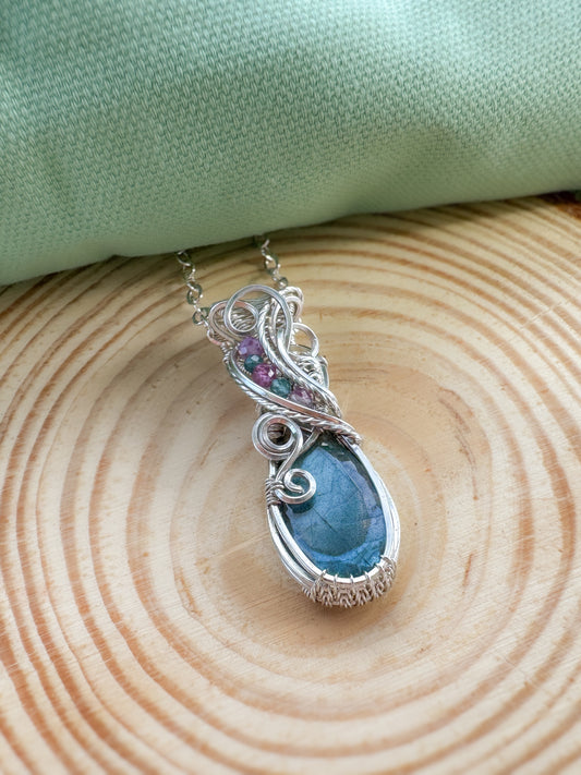 Faceted Labradorite, Purple Mica, Blue/green Tourmaline Necklace in 0.925 Sterling Silver
