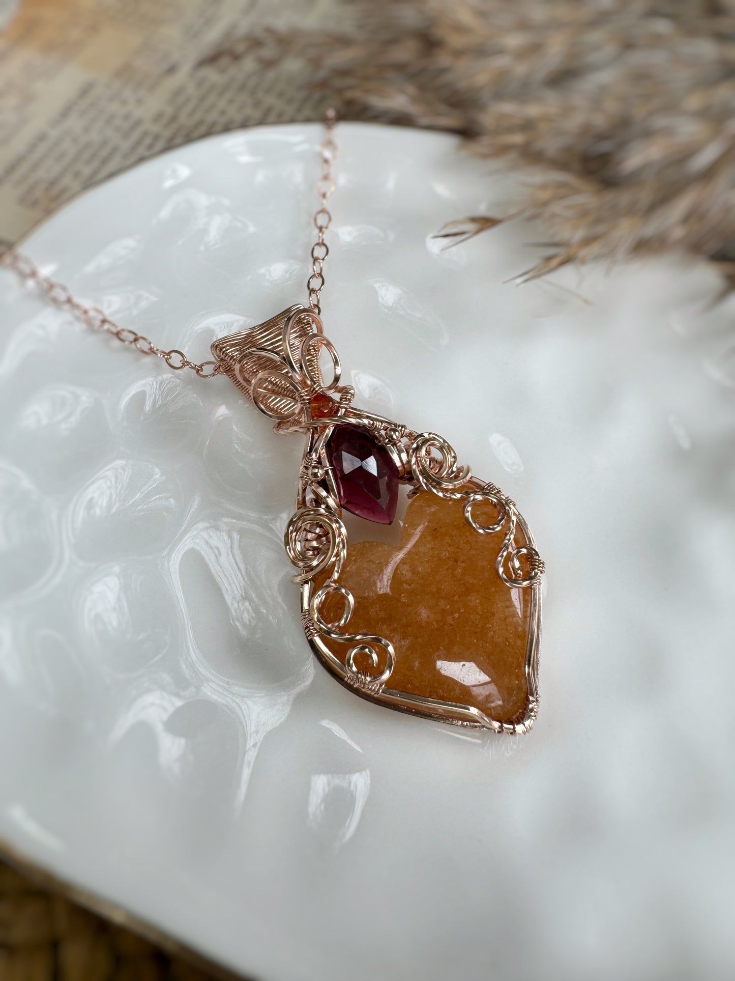 Yellow Aventurine Heart, Garnet & Carnelian Necklace in 14k Rose Gold Filled