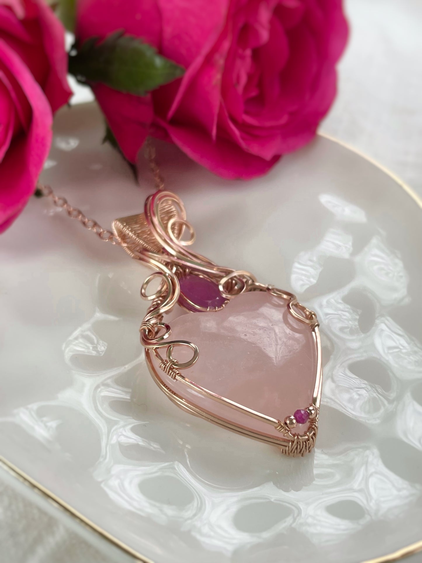 Rose Quartz Heart & Ruby Necklace in 14k Rose Gold Filled