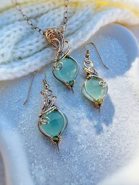 Aqua Chalcedony & Green Apatite Set in 14k Gold Filled (Necklace + Earrings)