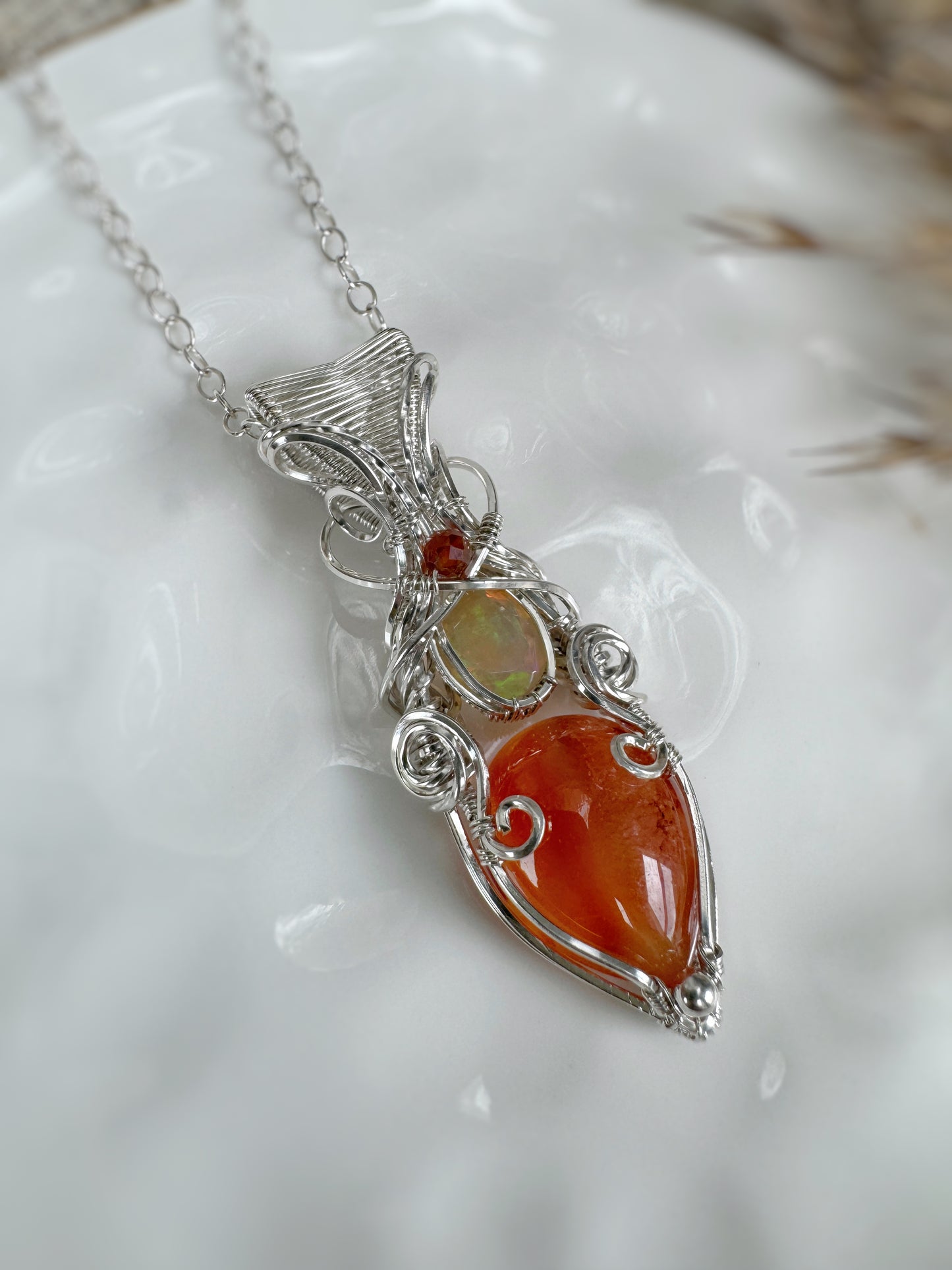 Carnelian, Opal & Hessonite Garnet Necklace in 0.925 Sterling Silver