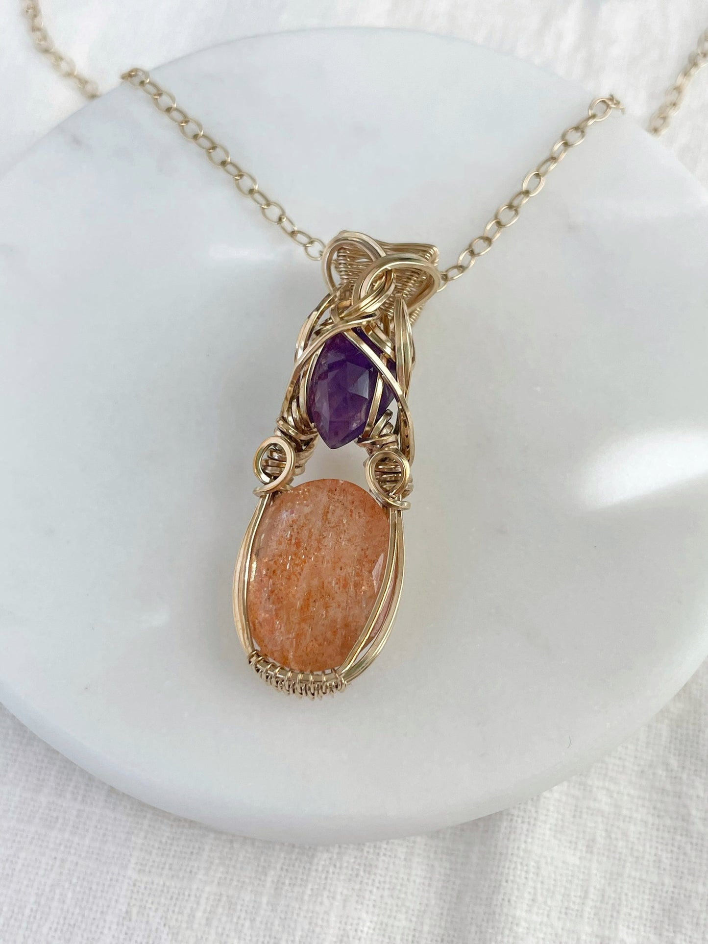 High Quality Faceted Sunstone & Amethyst Necklace in 14k Gold Filled