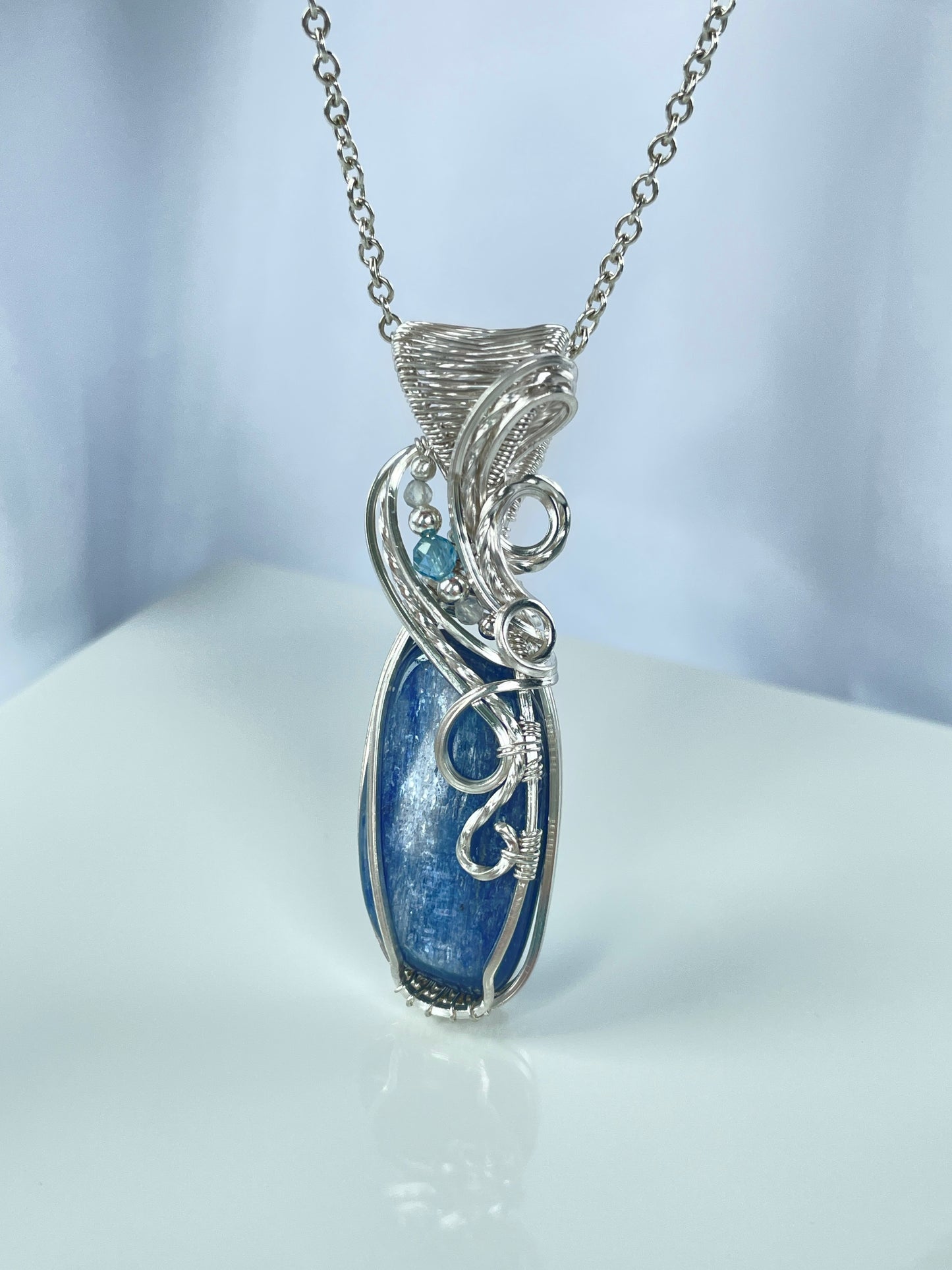 Blue Kyanite, Aquamarine & Clear Quartz Necklace in Argentium Silver