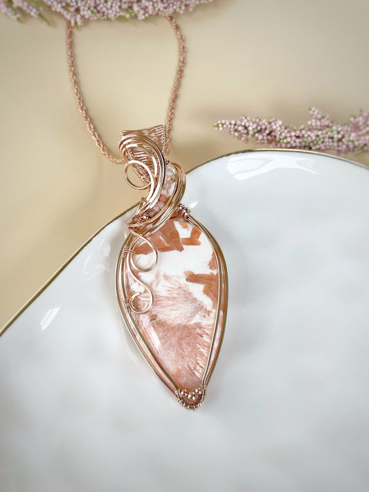 Pink/Peach Scolecite & Sunstone Necklace in 14k Rose Gold Filled
